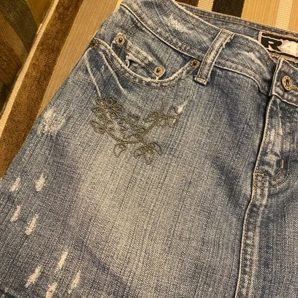 Y2K R4R Rave Jeans Blue Denim Mini Skirt Embroidered Distressed sz 3 - Picture 5 of 10